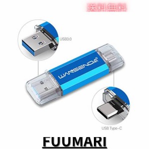 Wansenda Type-C USBメモリスマートフォンとパソコンで使えるType-C USB + USB 3.0両用メモリ (256GB, ブルー)