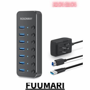 ROSONWAY USBハブ 3.0 電源付き 7ポート USB Hub アルミ製 5Gbps高速転送 セルフパワーとバスパワー両用 5V 電源 独立スイッチ付き