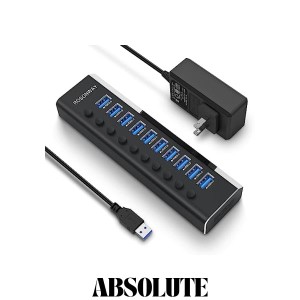 USB3.0ハブ 電源付き ROSONWAY 10ポート USBハブ アルミ製 5Gbps高速転送 セルフパワー USB拡張 独立スイッチ付 12V/3A ACアダプタ付き(R