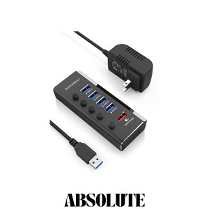 ROSONWAY 2022 USB ハブ 電源付きアルミ製 4ポートUSB3.0高速拡張+1つの急速充電ポートUSB Hub セルフパワー 12V/2A ACアダプタ 独立スイ