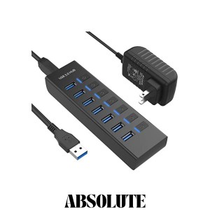 JESWO USB ハブ 電源付き USB Hub 7ポート 5V/3A ACアダプタ付き USBハブ 3.0 セルフパワー/バスパワー USB拡張 5Gbps高速転送 独立スイ