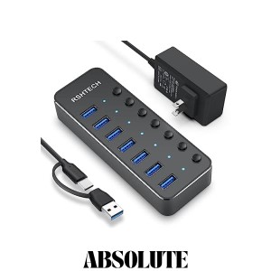 RSHTECH USBハブ 3.0 電源付き 7ポート 2023 改良 USB Hub アルミ製 5Gbps高速転送 セルフパワーとバスパワー両用 5V 3A 電源 独立スイッ