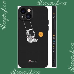 Kunyehdo スマホケース iPhone 14 ケース カバー 対応 iPhoneケース 可？い 宇宙飛行士 ぶらんこ swing 黒色 ブラック アニメ 宇宙 人気 