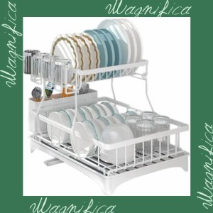 食器水切りラック 2段 水切りかご、ドリップトレー付き大容量防錆ドレンラック 食器収納 皿乾燥水切り棚 キッチンラック 収納棚 (白)