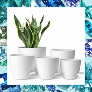 T4U 植木鉢 プラスチック製 給水プランター 専用給水口付き 円形 現代風 フラワーポット 室内 観葉植物 ハーブ 花栽培適用 白 5点セット