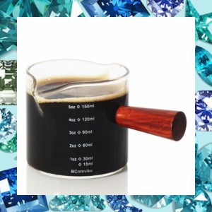 計量カップ150ml エスプレッソショットグラス 目盛り付き 木製ハンドル付き ダブルスパウトミルクカップ コーヒー ミルク 水 お酒グラス 