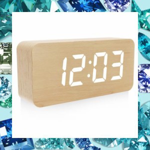 デジタル目覚まし時計 木製置き時計 大型 LED時間表示3目覚まし時計設定 USB給電 き湿度と温度検出電子時計、寝室、ベッドサイドテーブル