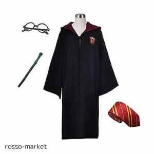 [RinMart] ハリーポッター 風 衣装セット グリフィンドール風 (ローブ + 眼鏡 + ネクタイ + 魔法の杖) 4点セット 男女共用 コスチューム 