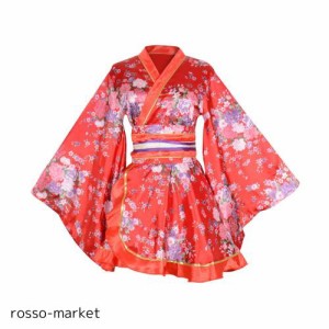 HONGFU レディース 花魁系 ロング 着物ドレス シフォン 桜 和風 浴衣 コスチューム コスプレ衣装 帯付き 赤