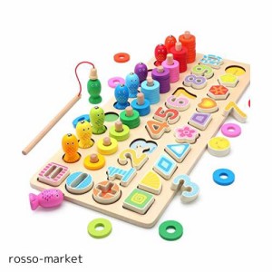 木製パズル 5in1 木のおもちゃ 数字認知 色の認識 形の認知 立体パズル 釣りおもちゃ Bajoy 色々遊び方の木製おもちゃ ちいく玩具 収納袋