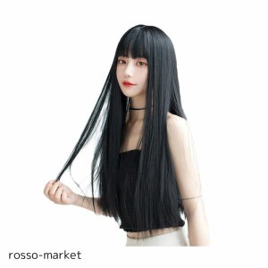 ウィッグ ロング ストレート かつら フルウィッグ 自然 ぱっつん 小顔 人気 耐熱 wig 原宿系 ファッション ネット/櫛付き 黒 ブラック