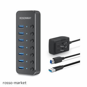 ROSONWAY USBハブ 3.0 電源付き 7ポート USB Hub アルミ製 5Gbps高速転送 セルフパワーとバスパワー両用 5V 電源 独立スイッチ付き