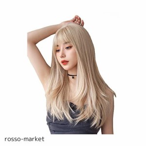 ウィッグ ロング wig ミディアム 自然 ストレートカツラ フルウィッグ セミロング レイヤー レディース かつら ネット付き（白金色）