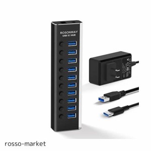 ROSONWAY USB ハブ 3.1 Gen2 10Gbps 10ポートアルミ製 36W USB HUB セルフパワー USBケーブルとType Cケーブル 付き 12V/3A ACアダプタ 