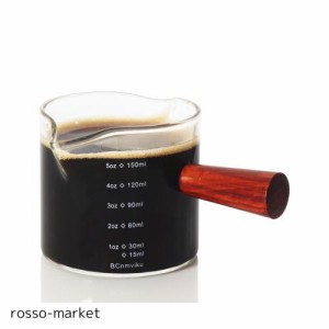 計量カップ150ml エスプレッソショットグラス 目盛り付き 木製ハンドル付き ダブルスパウトミルクカップ コーヒー ミルク 水 お酒グラス 