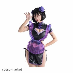 [Miccostumes] 大人 女性 コスチューム メイド コスプレ 衣装 セクシー 胸開き ハート チャイナ ドレス ランジェリー セット (XL, ブラッ