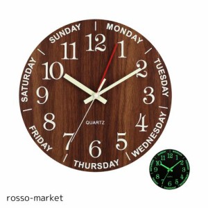 壁掛け時計 木製 夜光 電池式 掛け時計 丸型 連続秒針 静音 夜の光時計 大文字 曜日を調整することが可能 曜日 日付 掛け時計 部屋装飾 