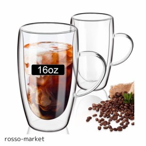 PARACITY 二重壁コーヒーカップ 2 個セット、ダブルウォールグラス 470ML、ハンドル付きガラスコーヒーマグ、カプチーノ/ラテ/コーヒー用