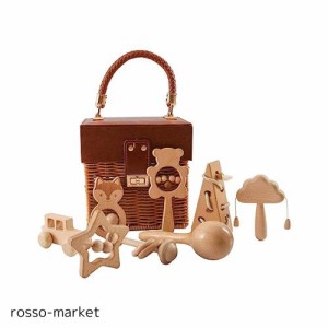 Wooden Teether ガラガラ ラトル 出産祝い おもちゃ 木製 ひも通しおもちゃ 手押し車 ベビーおもちゃセット 木のおもちゃ 無塗装 8個セッ