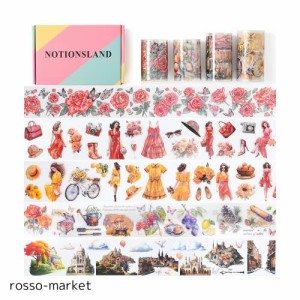 NOTIONSLAND マスキングテープ 可愛い 美し 花 女の子 城です 手帳 DIY 和紙 透明PET テープ 広幅 (4巻ギフトボックス)