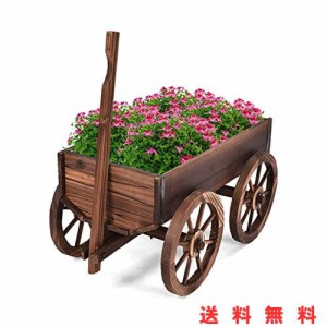 TANGKULA 馬車プランター 植木鉢 鉢 プランター 可移動 花台 鉢植え 木製 大型 馬車の形 ハンドル付き 高さ調節可能 幅120x奥行43x高さ53