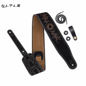 [Amumu] Guitar Strap Tribal刺繍入りプレミアムスエードレザーブラック2.7 ”アコースティックギター、エレクトリックギター、ベース用