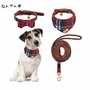 HACRAHO リーシュセット付き蝶ネクタイ犬の首輪, 3個 ベル付きの調節可能な子犬の首輪バンダナ 小型犬用のチェック柄の赤いバンダナ犬の