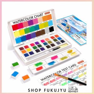 Shuttle Art 固形水彩 24色セット 固体水彩絵の具 ハーフパン 水筆ペン 水彩紙 パレット付き 透明 溶けやすい 速乾 水彩画 大人の塗り絵 