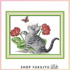 クロスステッチ刺繍キット Awesocrafts 赤ちゃんネコ演奏するとバタフライ子猫 図柄印刷 DIY 初心者ホームの装飾 Cross Stitch (ネコ)