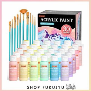 Shuttle Art アクリル絵の具 パステルカラー 30色 絵の具セット 60ml ペイントブラシ10本付き かわいい 柔らかい色調 キャンバス/石/木/