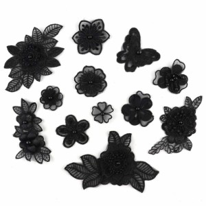 XUNHUI 黒いレースワッペンチュールレースモチーフ花 ワッペン縫い付けワッペン 12 枚