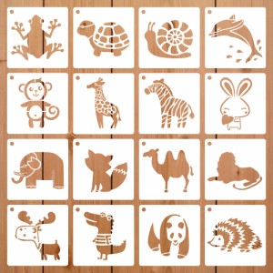 16個の動物のテーマのステンシルスクラップブッキング用の農場の再利用可能な絵画ステンシル図面トレースDIY家具壁の床の布の装飾、5X5イ