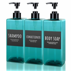 Segbeauty シャンプーボトル ディスペンサー 詰め替えボトル 水色 500ml 3本セット ブラック 方形 漏れ防止 3種類 シール付き 浴室 洗面