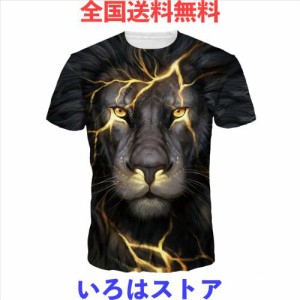 Amade メンズTシャツ半袖ブラックライオンイナズマ柄迫力カジュアル夏カットソー-Jp069-03-M 1枚