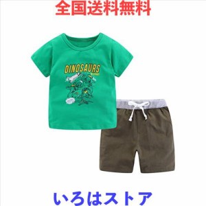 [LittleSpring] 子供 男の子 恐竜 半袖Tシャツ スウェット ショートパンツ ジャージ 上下セット グリーン 120