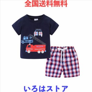 [LittleSpring] 子供服 男の子 車 ｔシャツ チェック ショートパンツ キッズ 半袖セットアップ ネイビー 140