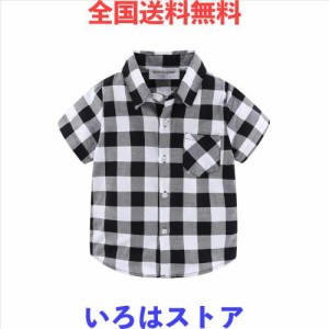 LittleSpring チェックシャツ キッズ 半袖 シャツ 子供 ワイシャツ ボタンダウン 胸ポケット 白黒 100