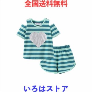 [LittleSpring] 夏 セットアップ キッズ 肩出し Tシャツ ボーダー ショートパンツ 子供 女の子 グリーン 90