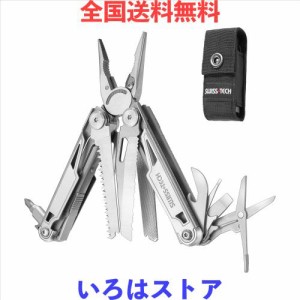 Swiss+Tech 多機能ペンチ アウトドアマルチツール マルチプライヤー 16-in-1 ロック機能搭載 カッター ノコギリ ドライバー メジャー 栓