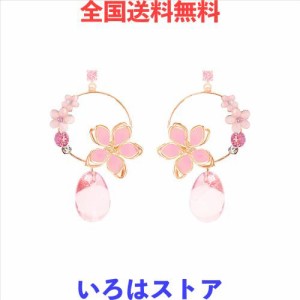 ONNFMH イヤリング ノンホールピアス 18ｋ メッキ 花 揺れる 和風 レディース (雫ピンク)