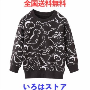 [MARBEINE] トレーナー 男の子 薄手 長袖Tシャツ 恐竜総柄 丸首 100〜140cm 裏毛 長袖 キッズ ボーイズ クルーネック スウェット トップ