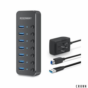 ROSONWAY USBハブ 3.0 電源付き 7ポート USB Hub アルミ製 5Gbps高速転送 セルフパワーとバスパワー両用 5V 電源 独立スイッチ付き