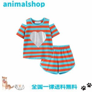 [LittleSpring] 半袖 tシャツ 子供 ショートパンツ セットアップ 女の子 肩出し ボーダー柄 パジャマ オレンジ 140