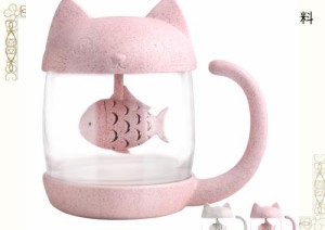 猫カップ 茶こし付きティーマグ キャット　コーヒーマグ コーヒーカップ（ガラス製マグカップ、蓋、茶漉し付） (ピンク)