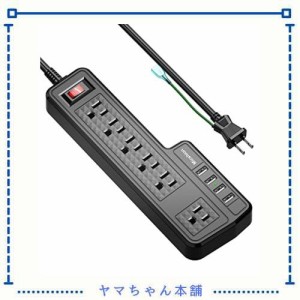 Micshion USB電源タップ コンセント 個別スイッチ 6AC充電口（110-240V）＋4USBポート（3.4A/5V）壁取付用固定フック 急速充電可能 雷ガ