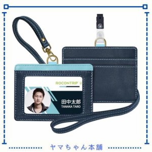 ネームホルダー 牛本革 IDカードホルダー 両面用 横型 社員証・名札・定期入れ・パスケース ネックストラップ ２ポケット (ダークブルー)