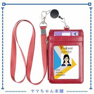 [Teskyer] IDカードホルダー 伸縮リール式 PUレザー パスケース 定期入れ リール付き 小銭入れ コインケース ファスナー ネームホルダー 