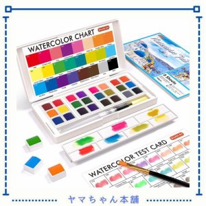 Shuttle Art 固形水彩 24色セット 固体水彩絵の具 ハーフパン 水筆ペン 水彩紙 パレット付き 透明 溶けやすい 速乾 水彩画 大人の塗り絵 