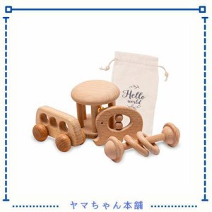 Promise Babe おもちゃ 赤ちゃん ガラガラ ラトル ミニカー 4点セット 木製おもちゃ 無塗装 天然木 ナチュラル カミカミ 新生児プレゼン