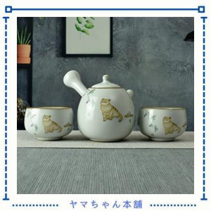 急須セット 急須260ml1個、湯呑2個 手描き猫シリーズ 陶製茶こし 茶器セット (秋の猫)